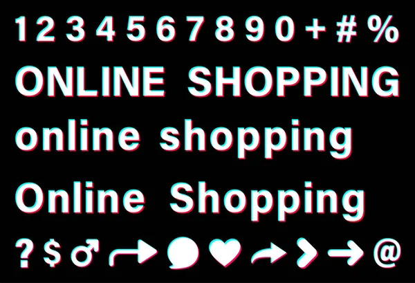 网上购物标志用小写字母和大写字母 带有蓝色 粉色边框的白色词 背景为黑色 数字和特殊标志 社交媒体的矢量图标 — 图库矢量图片