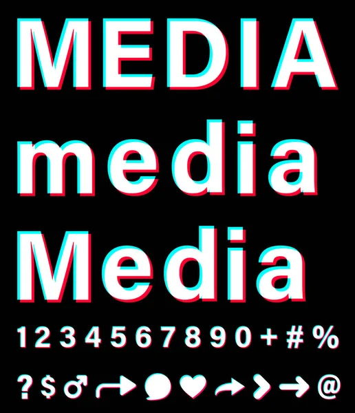 媒体签名用小写字母和大写字母 带有蓝色 粉色边框的白色词 背景为黑色 上面的文字符号和数字 社交媒体的矢量图标 — 图库矢量图片