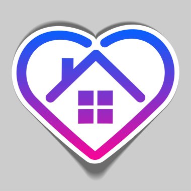 Yırtık kalp şeklinde ve içinde ev var. Pencereli ev iskeleti ve bacalı çatı. Gri arkaplanda mavi ve mor renk ikonu. Gölgeli kağıt çıkartması. Vektör illüstrasyonu.