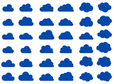 Beyaz arkaplanda izole edilmiş koyu mavi bulutlar. Farklı şekillerde siluetler. Vektör illüstrasyonu.