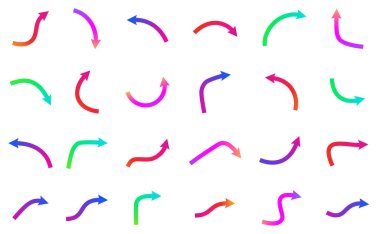 İnce, izole edilmiş, çok renkli oklar. Beyaz arkaplanda farklı şekillerde oklar var. Vektör illüstrasyonu