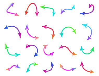 Çift taraflı ince yalıtılmış çok renkli oklar. Beyaz arkaplanda farklı şekillerde oklar var. Vektör illüstrasyonu.