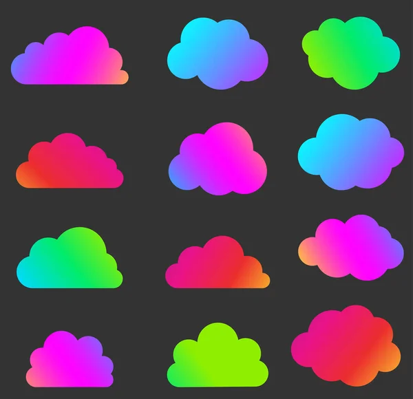 Conjunto Nubes Gradiente Multicolor Brillantes Aisladas Sobre Fondo Negro Siluetas — Vector de stock
