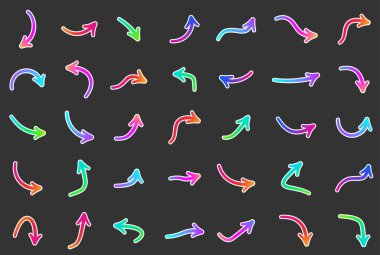 İzole edilmiş bir takım kağıt oklar. Siyah arka planda beyaz çizgili çok renkli oklar. Vektör illüstrasyonu.