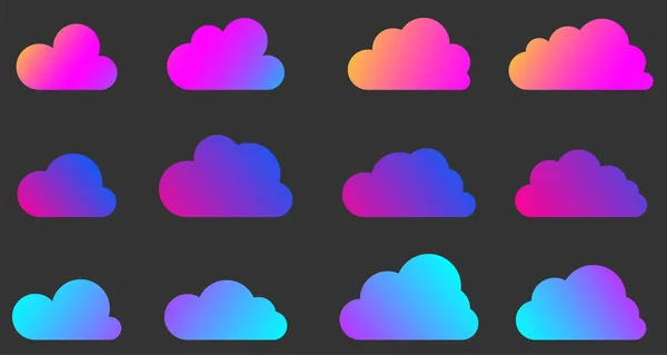 Conjunto Nuvens Gradientes Multicoloridas Isoladas Sobre Fundo Preto Silhuetas Diferentes — Vetor de Stock