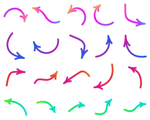 一组薄而孤立的渐变箭头 不同形状的彩色箭头 背景为白色 矢量说明 — 图库矢量图片