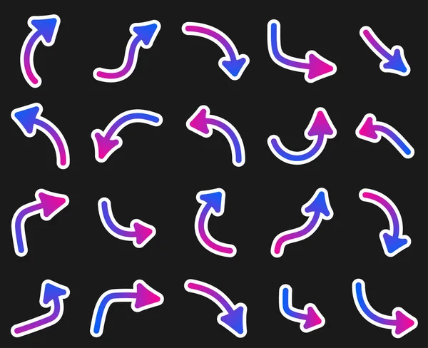 用紙青と紫のグラデーションポインタと矢印のセット 黒の背景に白い輪郭を持つ孤立した矢印 ベクターイラスト — ストックベクタ