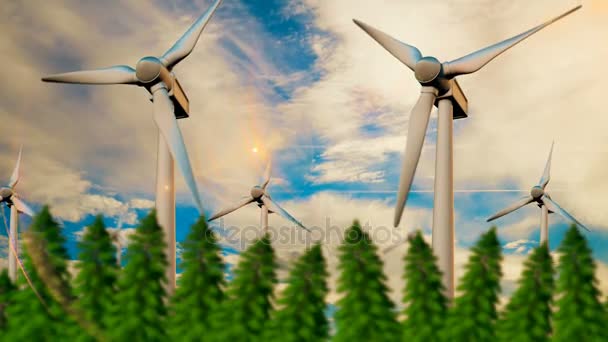 Зеленая концепция возобновляемых источников энергии - ветрогенераторы в небе — стоковое видео