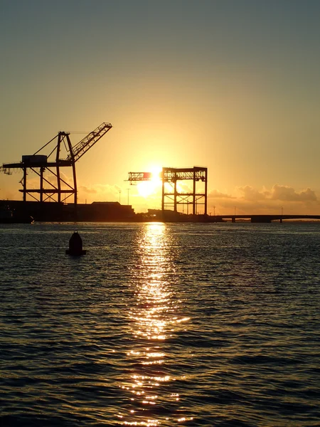 Západ slunce skrze Hoisting jeřáby na kontejnerové nákladní terminály — Stock fotografie
