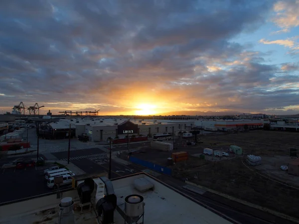 Aerial view of Sunset over Lowe's, Home Depot and Shipping Cran — Stock Photo, Image