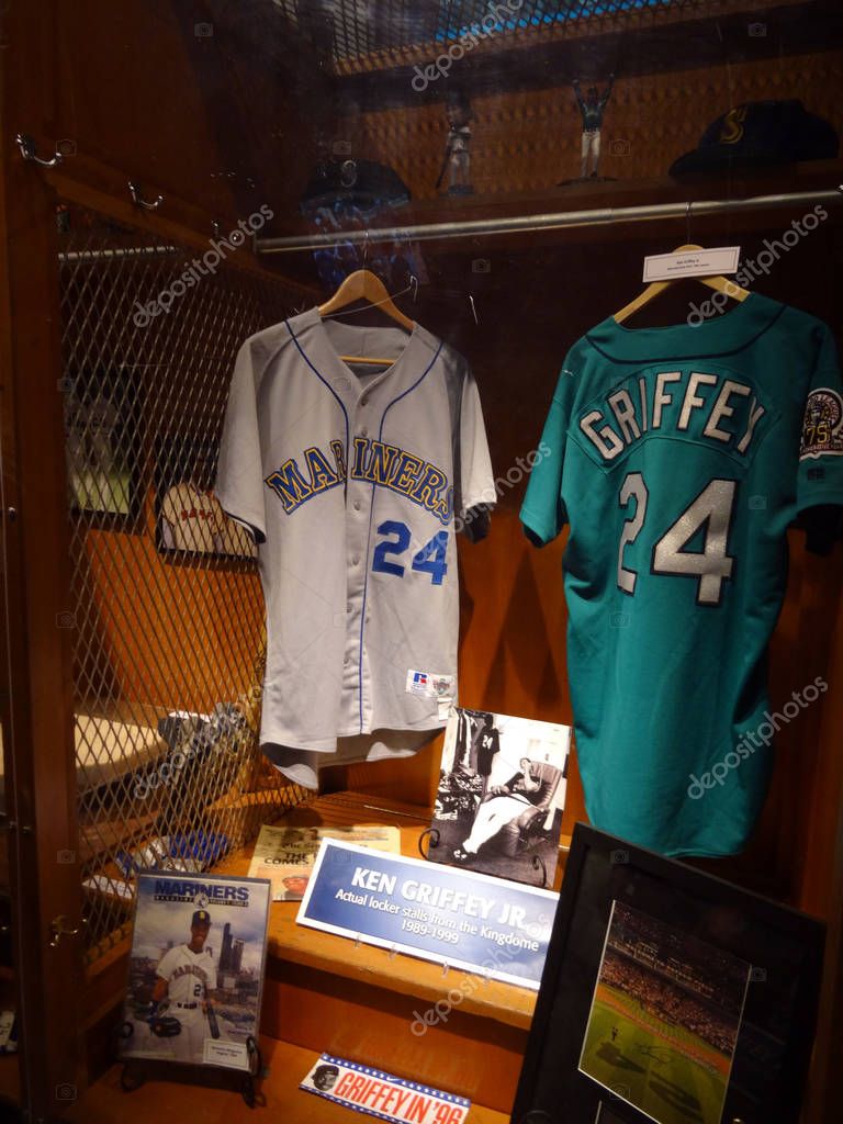 SEATTLE - JUNE 26: Ken Griffey, Jr Locker with Jerseys and other memorabilia at Mariners Hall of Fame at Safeco Field during baseball game, Seattle in June 26, 2016.