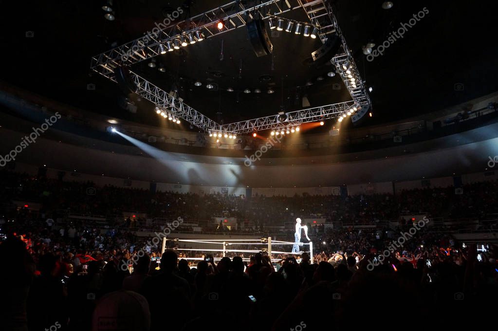 HONOLULU - JUNE 29, 2016: WWE Wrestler Dean Ambrose stands on top rope in corner of ring holding Championship belt at WWE event at the Neal S. Blaisdell Center, Honolulu on June 29, 2016 Honolulu, Hawaii.