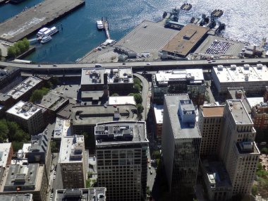 Şehrin havadan görünümü Seattle binalar, Feribot Terminali, bağlantı noktası,
