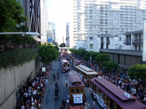 San Francisco November Aerial View Trolleys People Line Start Parade — Stock Photo, Image