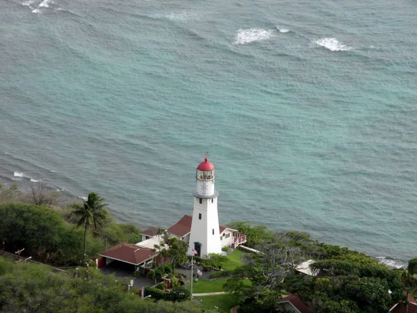 Aerial of Diamond Head Lighthouse on Oahu.  Diamond Head Lighthouse is a United States Coast Guard facility located on Diamond Head in Honolulu, on the island of Oahu in the State of Hawaii. The lighthouse was listed on the National Register.