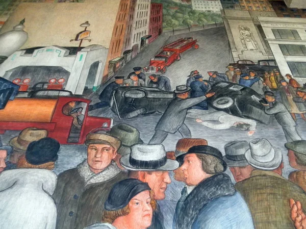 La gente dirige y trabaja en trenes en Coit Tower Mural — Foto de Stock