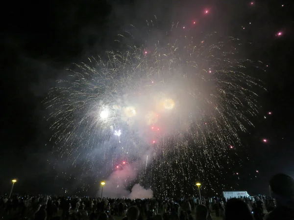 Nouvel An feux d'artifice éclatent dans l'air que les gens regardent l'affichage à — Photo