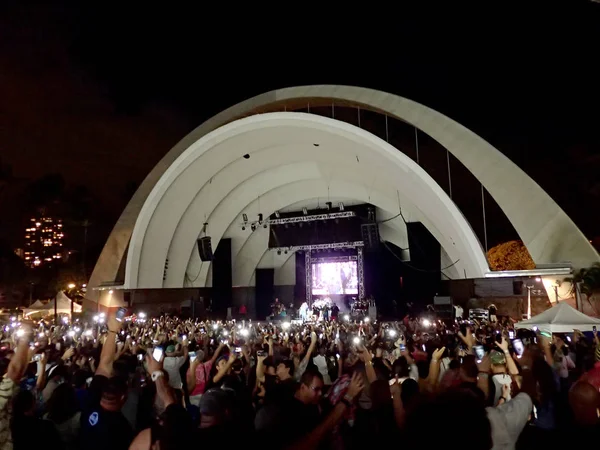 Толпа держит мобильники в воздухе, пока Капена играет на сцене в Re — стоковое фото