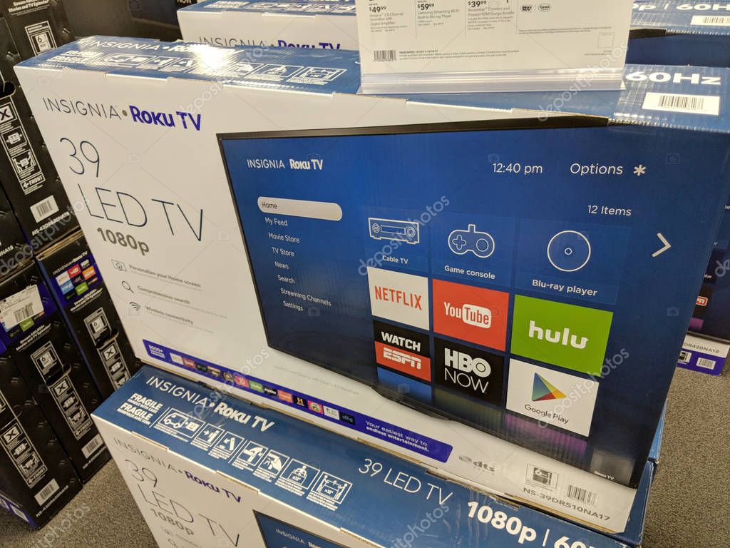 Honolulu - December 14, 2017: Insignia Roku TV for sale at Best Buy. The Roku Streaming Player, or simply Roku, is a series of streaming players manufactured by Roku, Inc. Roku partners provide over-the-top content in the form of channels.