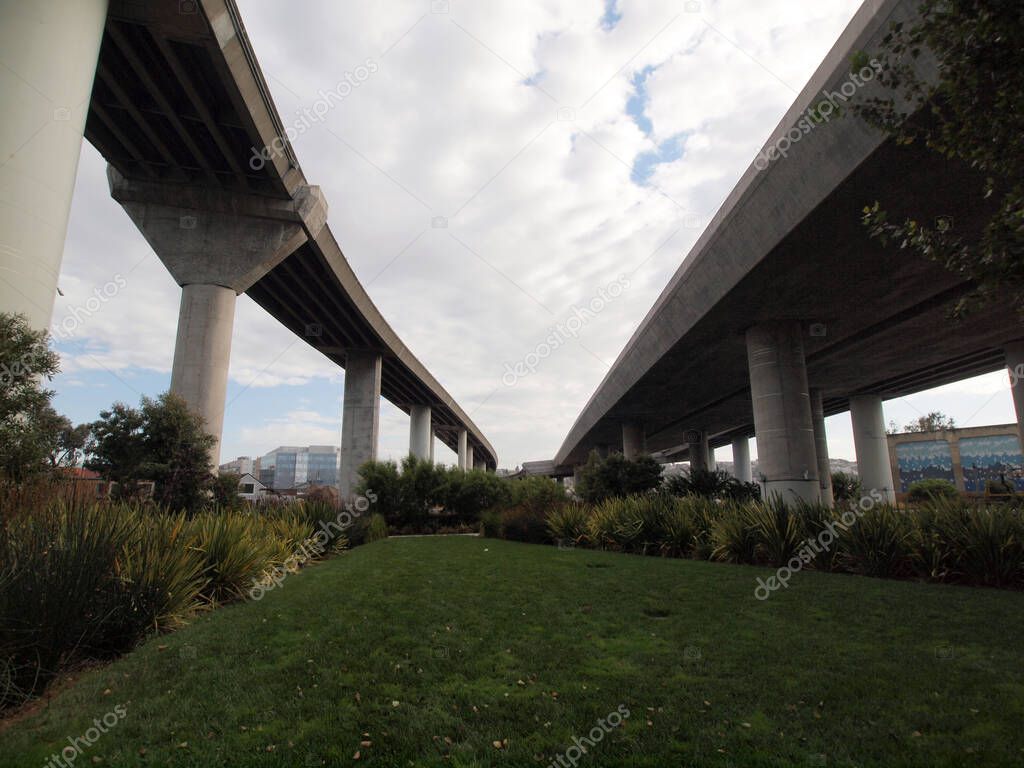 Beautiful Mission Creek Park under highway bridges