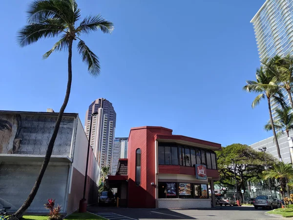 Honolulu February 2018 Two Story Jack Box Restaurant Exterior Red — 스톡 사진