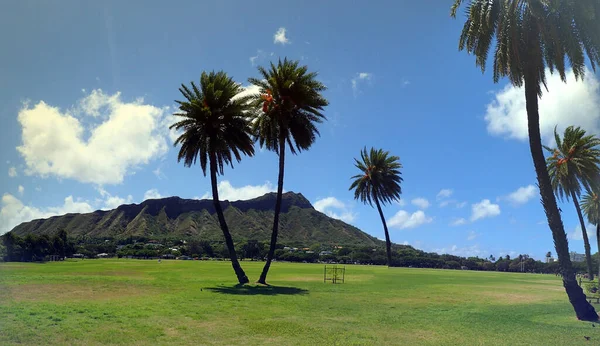 Kapiolani Park with Diamond Head and clouds in the distance on Oahu, Hawaii.