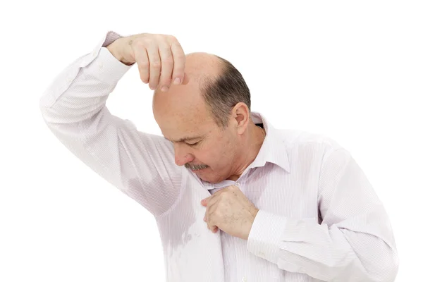 Schweißfleck auf dem Hemd wegen Hitze, Sorgen und Misstrauen. — Stockfoto