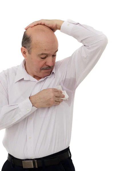 Mancha suada na camisa por causa do calor, preocupações e desconfiança . — Fotografia de Stock