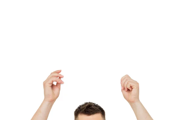 Man holds a white plate. Empty space for text or message. — Stock Photo, Image