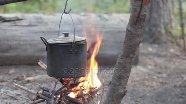 Alter eiserner Wasserkocher auf dem Feuer. Kochen von Lebensmitteln unter Feldbedingungen — Stockvideo