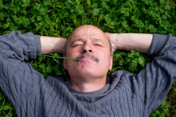 Volwassen gelukkig Man liggen op gras. Hij houdt van UI blad in mond en ogen sluit. — Stockfoto