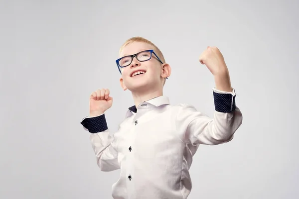 Happy caucasian blond boy is glad with win. — Stock Photo, Image