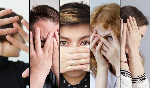 Verzameling van mensen die zijn ondergedoken hun gezicht met vingers. — Stockfoto