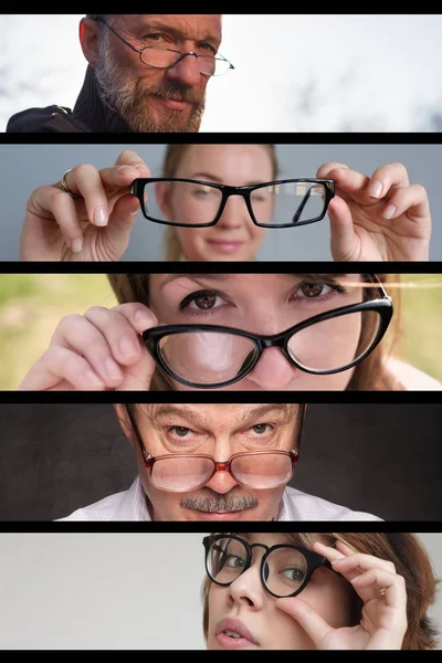 Σύνολο φωτογραφιών άτομα άνδρες και γυναίκες με τα γυαλιά. Έννοια της έχοντας προβλήματα με τα μάτια — Φωτογραφία Αρχείου