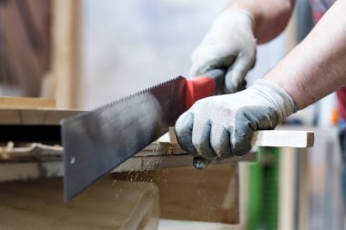 Marangoz maale ve özel eldivenler ile el testeresi ile çalışır..