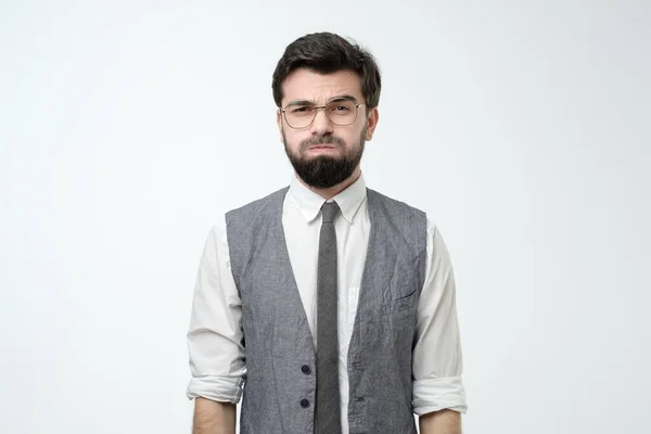 Angry Irritated Young Man Looking Camera Puffing Out Cheeks Resentment — Stock Photo, Image