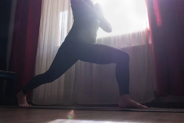 Attractive Young Woman Working Out Living Room Beautiful Model Doing — Stock Photo, Image