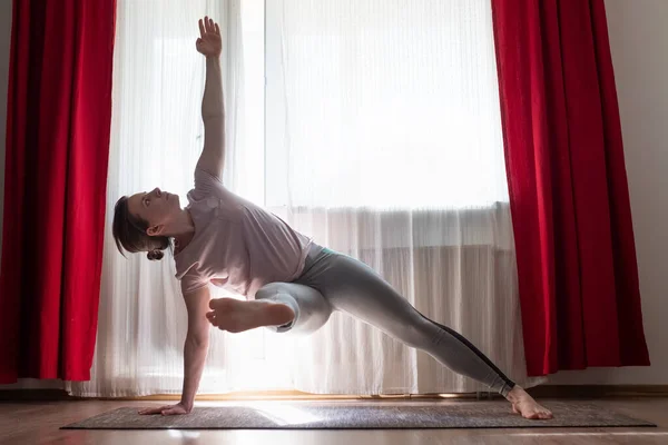 Caucasian Woman Doing Vasisthasana Variation Side Plank Yoga Pose Home — Stock Photo, Image
