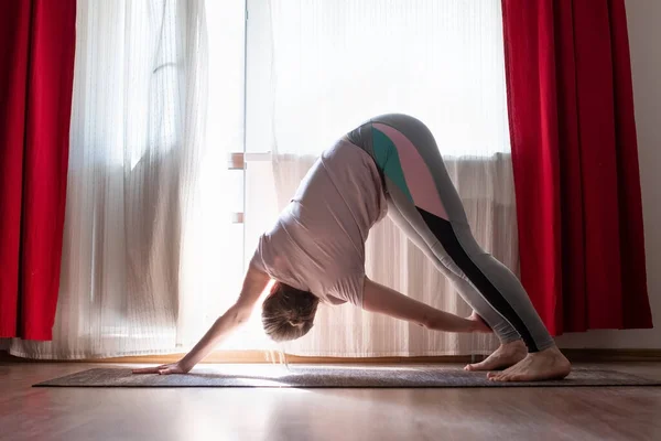 Sporty Beautiful Young Woman Practicing Yoga Doing Revolved Downward Facing — Stock Photo, Image