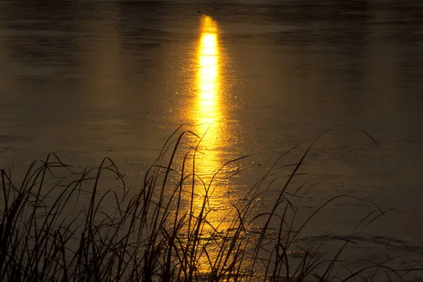 Beleza do pôr-do-sol da noite sobre um lago congelado — Fotografia de Stock