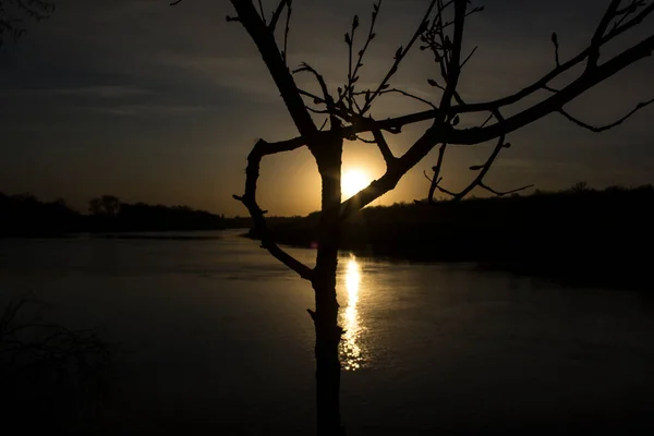 川の急な岸からの夕日の眺め — ストック写真