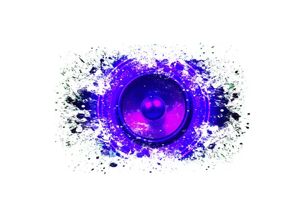 在白色背景上隔离的水花紫色音频扬声器 — 图库照片