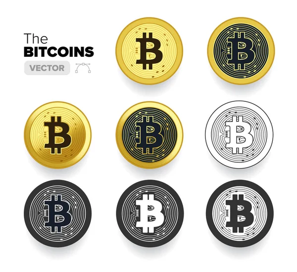 Conjunto Bitcoin Monedas Forma Oro Iconos Simples Línea Vector — Archivo Imágenes Vectoriales