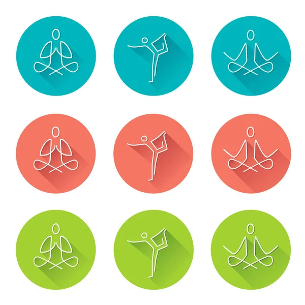Yoga linje konst ikoner med långa skugga. — Stock vektor