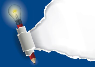 Ampul kalem yırtık kağıt arka plan üzerinde.
