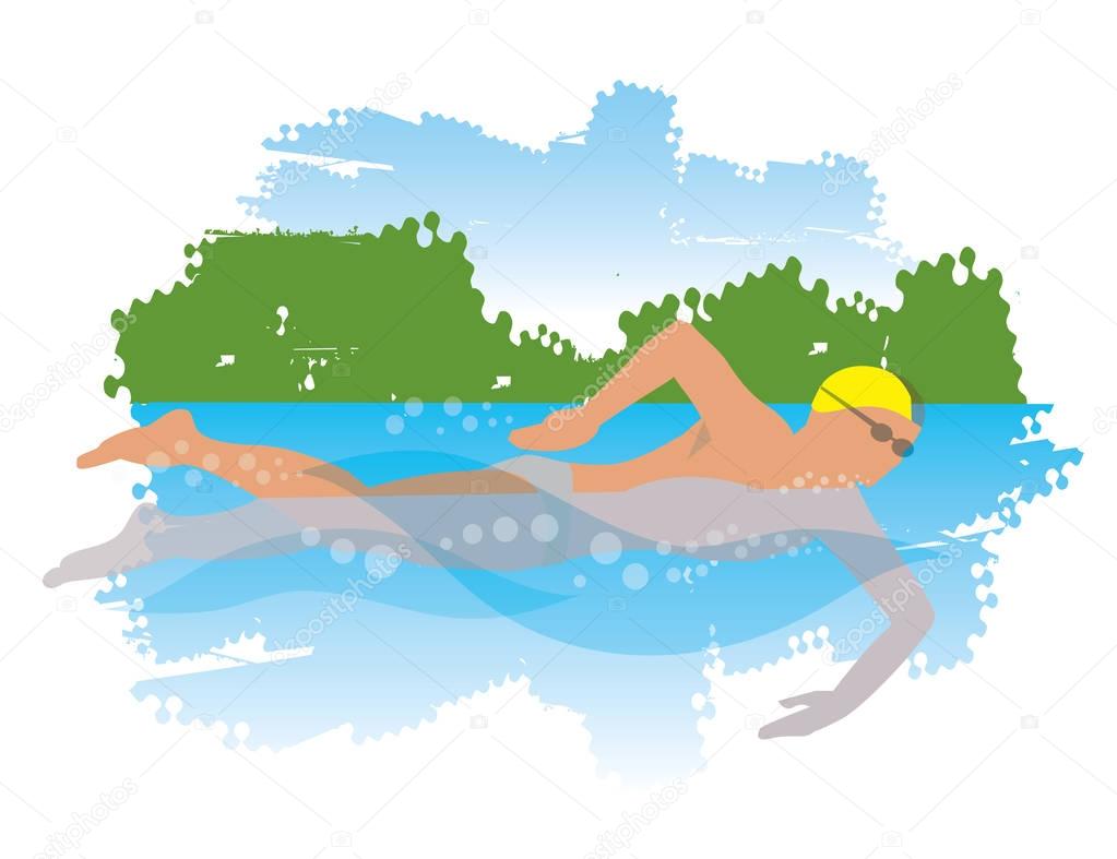  Young man swimming in the river.