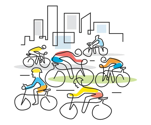 Cyclists in a city line art. — Stock Vector