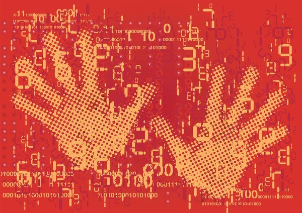 Χέρια Ans Grunge Ψηφιακών Αριθμών Και Δυαδικών Κωδικών Κόκκινο Αφηρημένο — Διανυσματικό Αρχείο