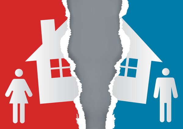 Division of property at divorce.A divorced couple and ripped paper with the symbol of the house. Vector available.