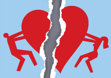 Boşanmış çift kağıt kalp simgesi olan sökük. Erkek ve kadın siluetleri ve aşk sonu simgeleyen kırık kalp simgesi ile kağıt sökük. Vektör kullanılabilir. 